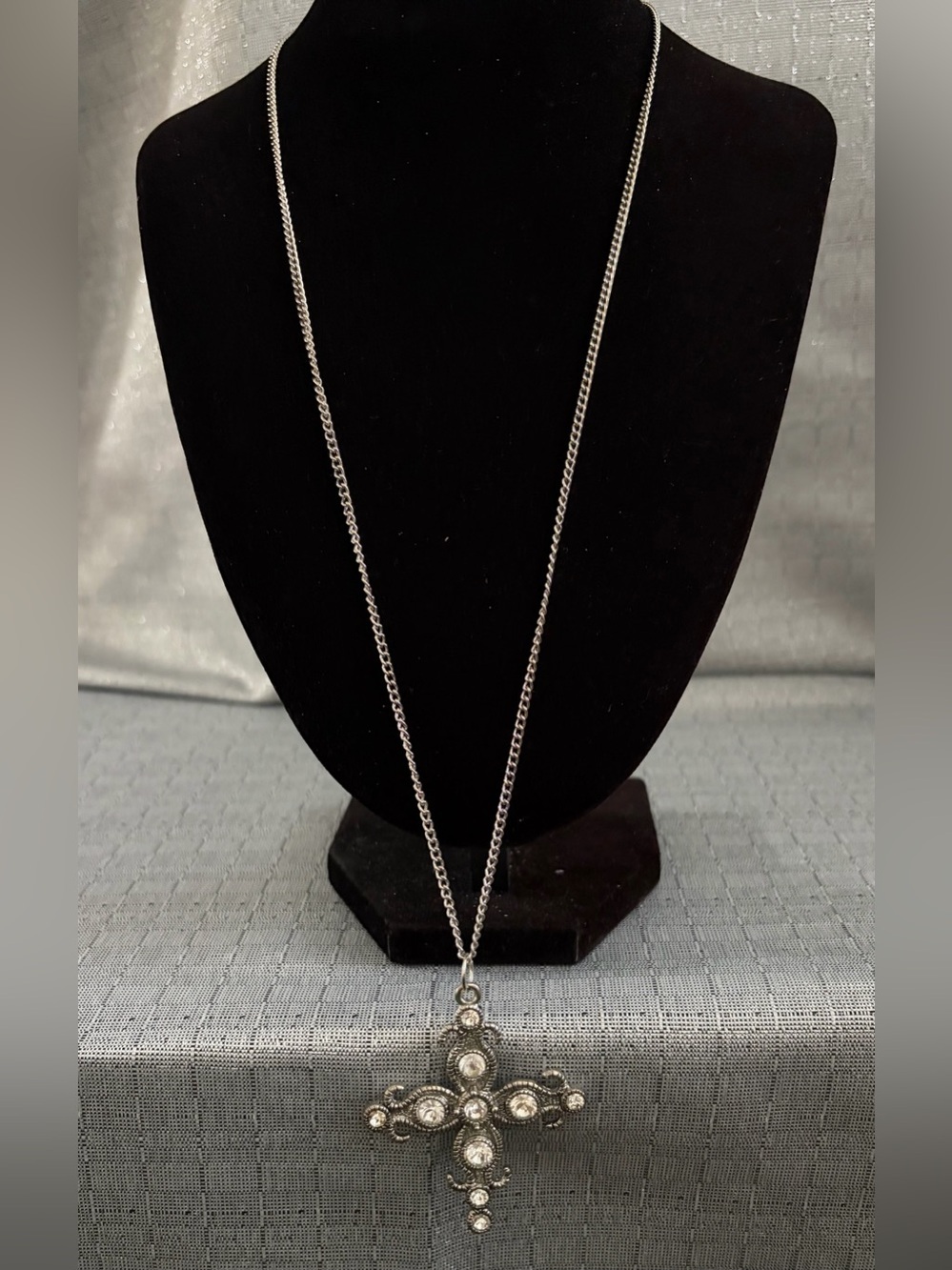 Silver-Tone Cross Pendant Necklace with Clear Accent Stones